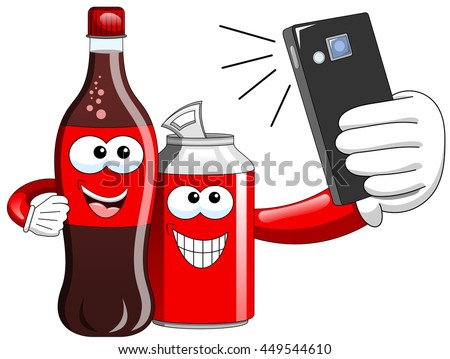 Smiling cartoon bottle and can taking selfie with smartphone isolated