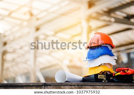 Teamwork of the construction team must have quality. Whether it is engineering, construction workers. And have a helmet to wear at work. For safety at work. copy space ストックフォト © 