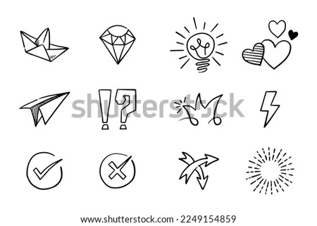 Hand drawn vector collection of diamonds, paper boats, paper boats, question marks, check marks and more.