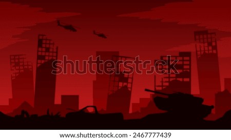 Landscape illustration of destroyed city at military battlefield