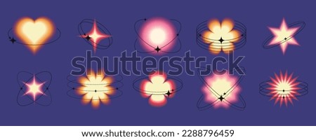 Blurred signs in Y2k style with linear shapes. Blurred, heart, circle, star, flower. Modern minimalist design element with blur gradients for vector set.