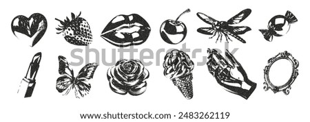 Trendy set of retro-style photocopies for printing stickers, posters, collages, banners. Hands, lips, mouth, strawberry, cherry, mirror, butterfly, rose in vintage y2k pop art style with noise effect.