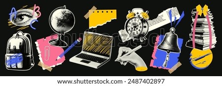 Similar – Image, Stock Photo Back to school background with school supplies on blackboard. Pencils, pens, cardboard, colorful background