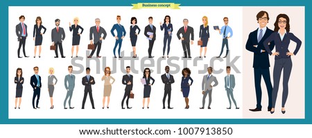 Set of business characters working in office. isolated vector design. International business team. Global corporate business people line-up. Large diverse group of office workers standing smiling