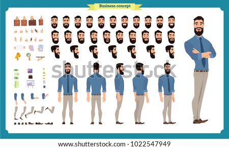 People character business set. Front, side, back view animated character.   Businessman character creation set with various views, face emotions, poses and gestures.Cartoon style, flat isolated vector