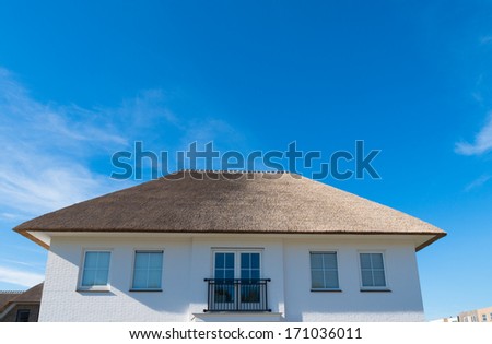 modern luxury white villa with a thatched roof