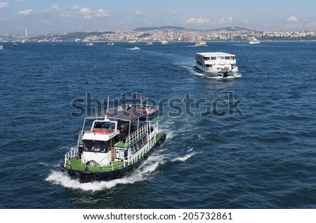 ISTANBUL - APRIL 29, 2014: Ferry boat at the golden horn, a horn-shaped estuary, and a major urban waterway. It is also the primary inlet of the Bosphorus.