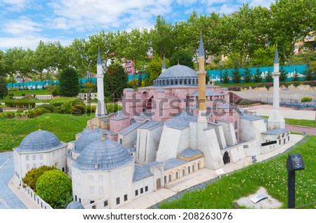 ISTANBUL - JULY 1, 2014: Scale model of the Ayasofia mosque at Miniaturk park in istanbul, the largest miniature park in the world. The park contains 105 buildings, each replicated on a scale of 1:25.