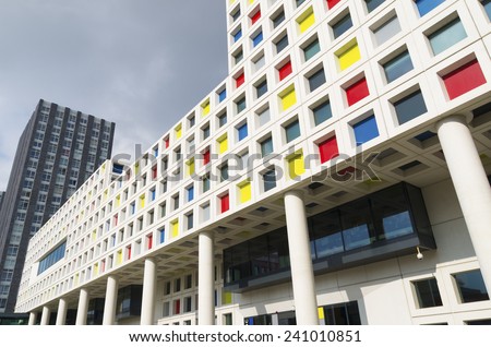 THE HAGUE, NETHERLANDS - SEPTEMBER 13, 2014: Modern school building exterior. The Mondriaan secondary school offers almost 200 training courses for 12 different professional sectors