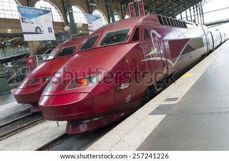 PARIS - OCTOBER 12, 2014: Thalys high speed train at Gare du Nord in Paris
