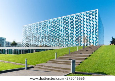 ZWOLLE, NETHERLANDS - NOVEMBER 1, 2014: Exterior of a modern school building. In 2011, the X-building was chosen as Building of the Year in the eastern Netherlands.