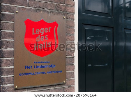AMSTERDAM - APRIL 4, 2015: The salvation army logo at the entrance of the childrens hospice