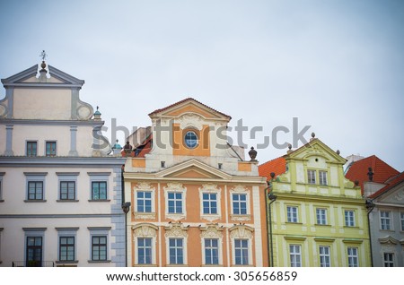 Typical facades of houses in the lower city center. Prague is considered one of the most beautiful cities in Europe and the historical center is on the UNESCO World Heritage List