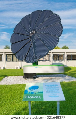 GRONINGEN, NETHERLANDS - AUGUST 22, 2015: Smart Flower solar collector on the groningen university area. The foldable collector completely powers the exterior lighting of the campus sports center