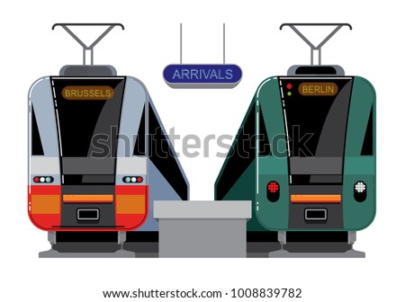 Intercity or commuter trains arrived at the railroad station, abstract design of passenger cars, frontal view. Vector illustration