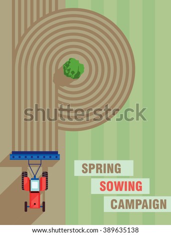 Tractor works in the field. Spring sowing campaign. Tractor seeding machine. Farming machinery. Agriculture business industry. Cover design template. Vector illustration. 