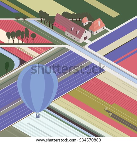 Aerial view of rural landscape with the fields of colorful blooming flowers and village buildings. Cultivation of flowering plants, Hot Air Balloon flights over the blooming fields. Vector