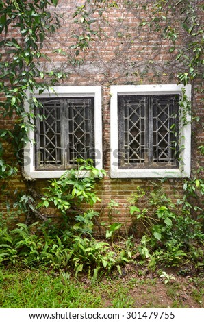 Windows in garden house in dingy light day