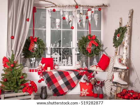 beautiful holdiay decorated room with lantern on window sill christmas tree with presents under it - Window Sill Christmas Decorations beautiful holdiay decorated room with lantern on window sill christmas tree with presents under it - Window Sill Christmas Decorations