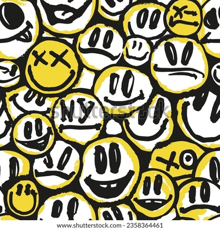 Seamless pattern with a smiling face. Graffiti happy emoji sprayed