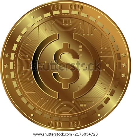 Golden USD coin. Crypto currency golden coin USD symbol isolated without background. Realistic vector illustration.