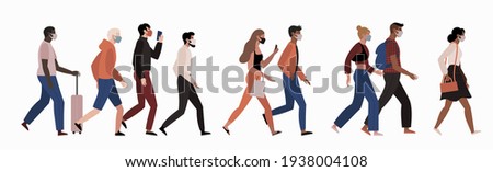 Different people walking wearing face masks isolated on white background. Man and women in respirators. Protection from coronavirus outbreak.