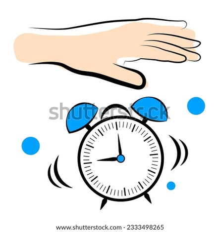 The hand turns off the alarm. It's time to get up. Good morning! Vector illustration in doodle style.
