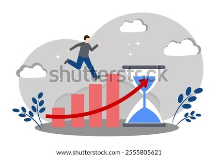 Hourglass and the concept of career growth. A man runs up the career ladder