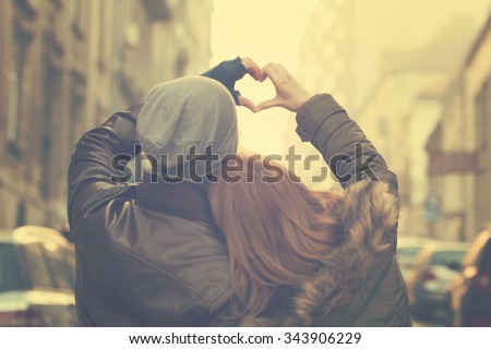 Image, Stock Photo Hipster couple in love standing in field