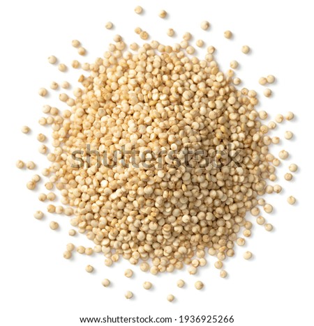 small pile of raw white quinoa, isolated on pure white background, over head view.