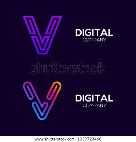 Letter V Colorful logotype with Three Line, Square and Circle shape Maze Labyrinth, Technology and Digital Connection Link concept for your Corporate identity
