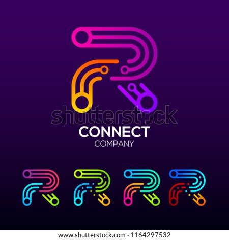 Abstract Letter R with Three lines, Circle and Square shape, Dots Connection logotype ,Fast Speed, Link, Digital and Technology for your Corporate identity