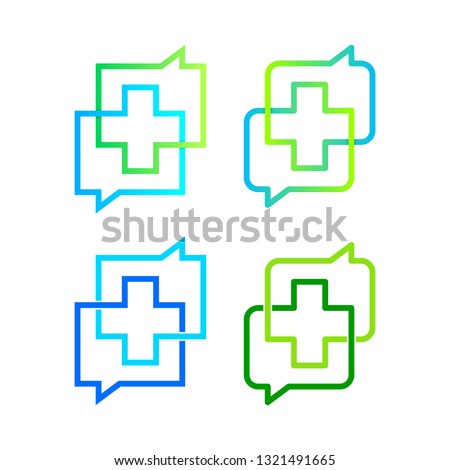 Cross Plus or Positive Logos with Negative space and linear in Two Chat or Talk Group sign, Speech bubble shape Symbols,  Medical Healthcare Hospital Pharmacy Clinic icon, Communication and Connection