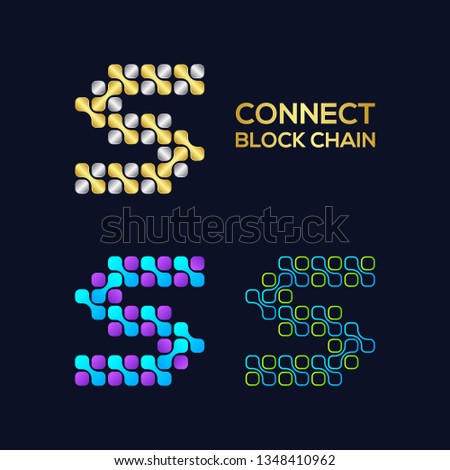 Letter S Logotype with Block Cube Rounded Dots Cross Shape and Line, Technology Digital Connection logo, Molecule DNA Medical Symbols, Blockchain and Fintech Icons, Science Laboratory Signs