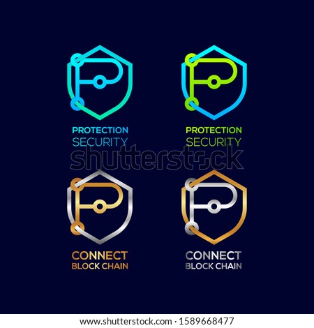 Abstract Letter P Logotype, Protection Shield Security logos with Modern line Cross shape and Link Dots or sync signs, Connect Technology and Digital symbols, Blockchain and Data concept