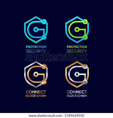 Abstract Letter G Logotype, Protection Shield Security logos with Modern line Cross shape and Link Dots or sync signs, Connect Technology and Digital symbols, Blockchain and Data concept