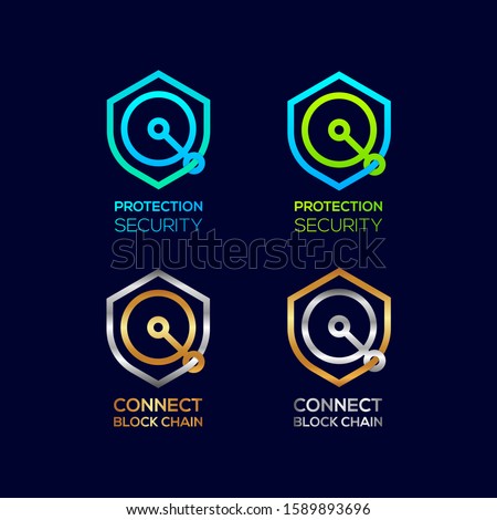 Abstract Letter Q Logotype, Protection Shield Security logos with Modern line Cross shape and Link Dots or sync signs, Connect Technology and Digital symbols, Blockchain and Data concept