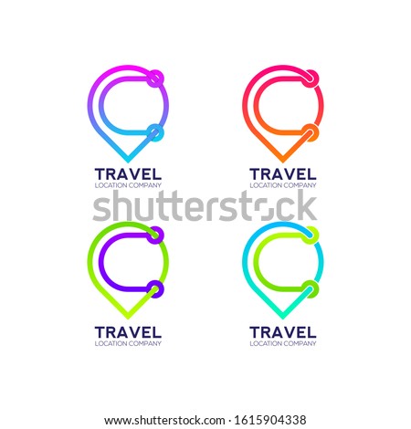 Abstract Letter C Logotype, Map Point Location logos, Pin map symbols, Position and Navigation icons with Modern line Cross shape and Link Dots or sync signs, Connect Technology and Digital concept