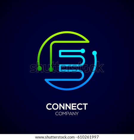 Letter E logo, Circle shape symbol, green and blue color, Technology and digital abstract dot connection