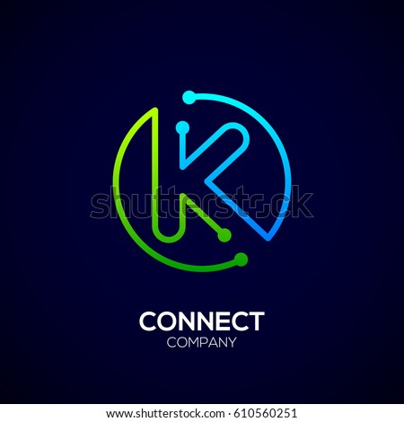 Letter K logo, Circle shape symbol, green and blue color, Technology and digital abstract dot connection