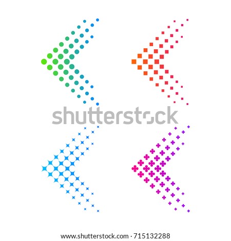 Set of Abstract Colorful Arrow, Fly, Forward logo. Dots, Dotted, Sparkle, Pixels, Square, Circle, Circular halftone shape Symbol and Icon Vector Design Elements