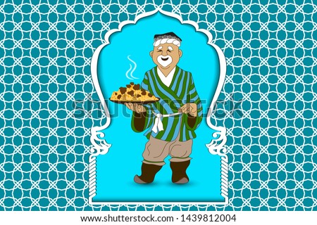 Cartoon vector doodle hand draw an Uzbek man prepares and invites pilaf  the national dish of Uzbekistan, Asia. Illustration, template for the cook poster, mockup teahouse sign, billboard, banner.