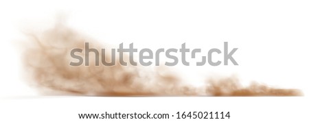 Dust sand cloud on a dusty road from a car. Scattering trail on track from fast movement. Transparent realistic vector stock illustration