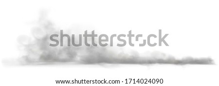 Dust cloud on a dusty road from a car. Scattering trail on track from fast movement. Transparent realistic vector stock illustration