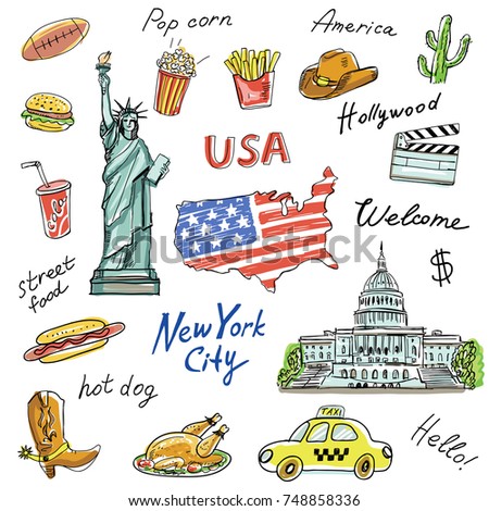 Set of America symbols,landmarks.Travel icons.Hand drawn set with The Statue of Liberty,potatoes fries,flag,popcorn,hot dog,taxi,cola. Words:America,USA,New york city,welcome,street food,Hollywood