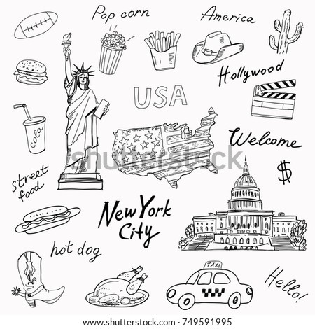 Set of America symbols in black and white..Travel icons.Hand drawn set with The Statue of Liberty,potatoes fries,flag,popcorn,hot dog,taxi,cola. Words:America,USA,New york city,welcome,street food,Hol