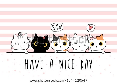 Cute adorable hand drawing cat kitten greeting cartoon doodle cover wallpaper pastel color background ,can use for print on product or decoration ,vector eps10