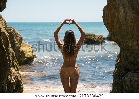 Similar – Image, Stock Photo Unrecognizable traveler between rough mountain and foamy sea