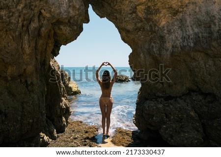 Similar – Image, Stock Photo Unrecognizable traveler between rough mountain and foamy sea
