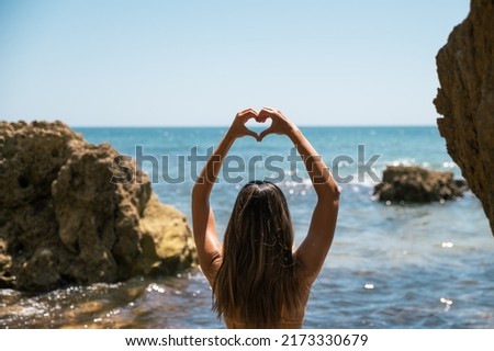 Similar – Image, Stock Photo Unrecognizable traveler between rough mountain and foamy sea